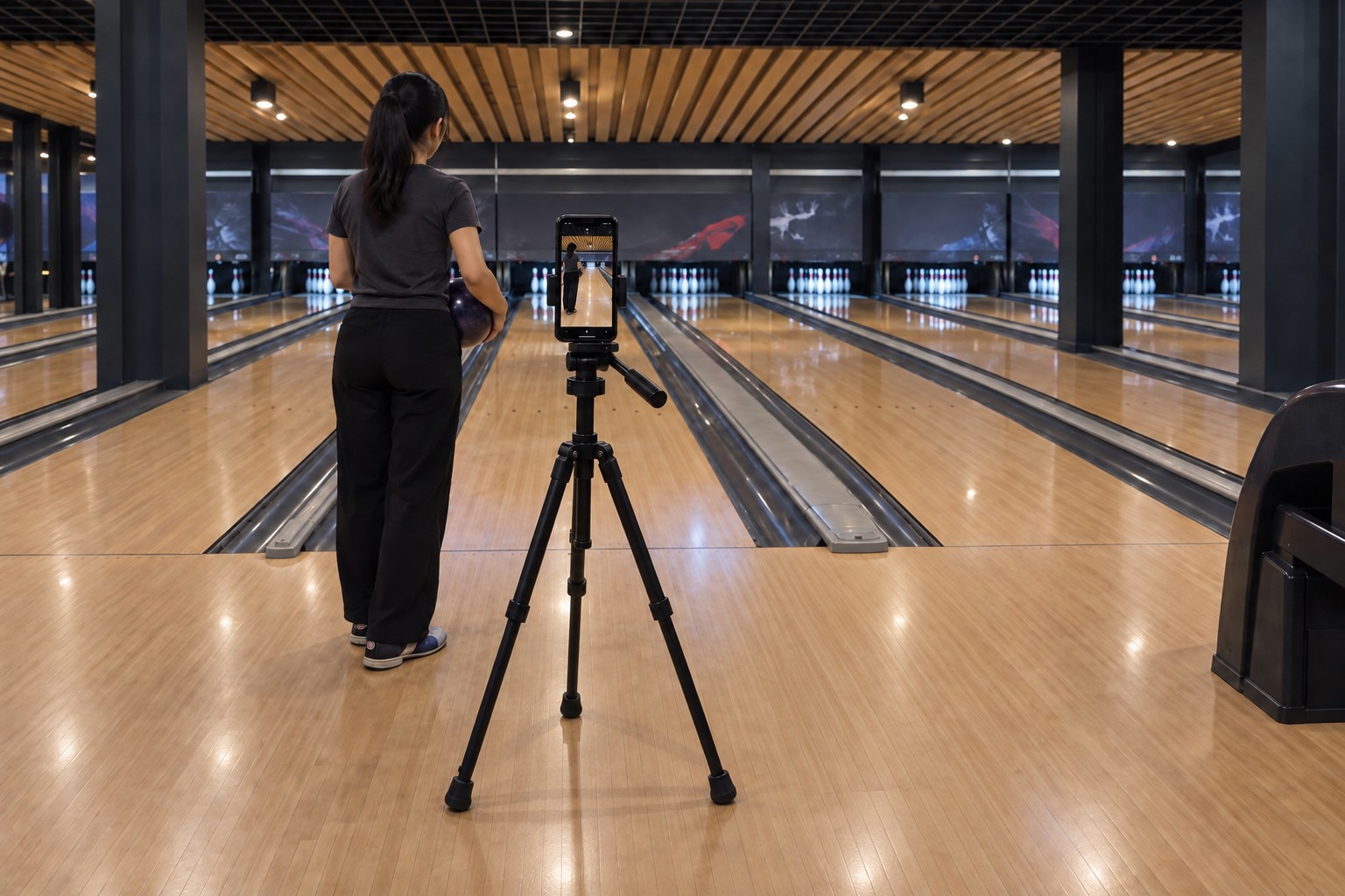 A full tripod aligned with the centre of the playing lane, with all three feet behind the bowler’s starting position. Its portrait phone shows the same centred lane and the woman standing to the left.