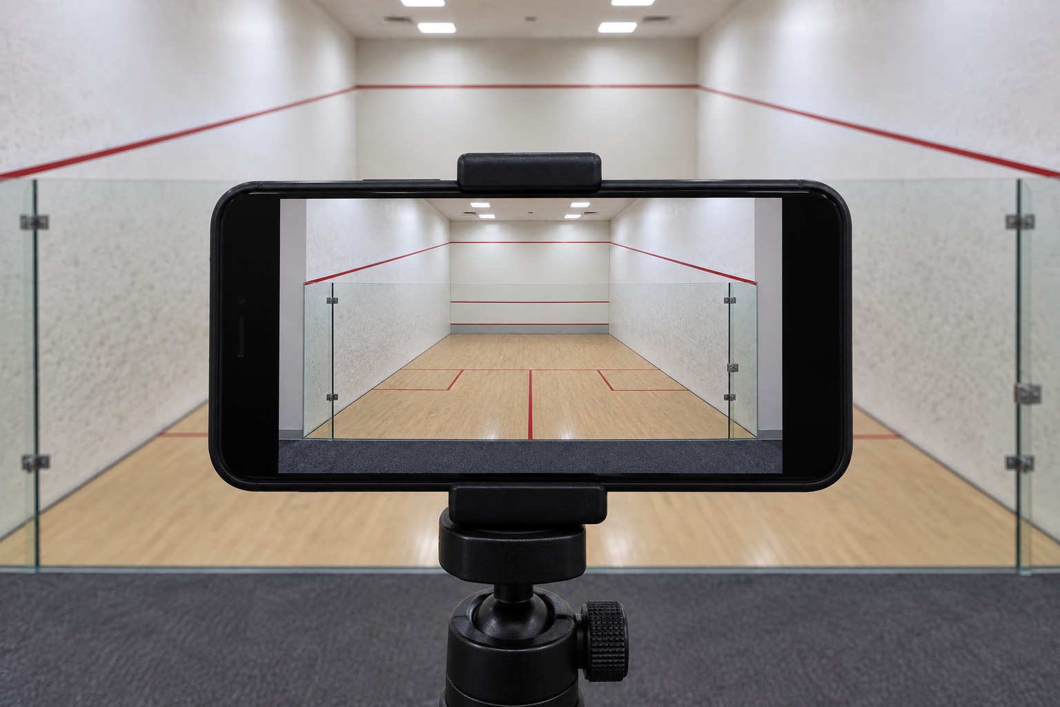 A phone clamped horizontally on a tripod; its landscape preview shows the full squash playing-wall area and the court floor.